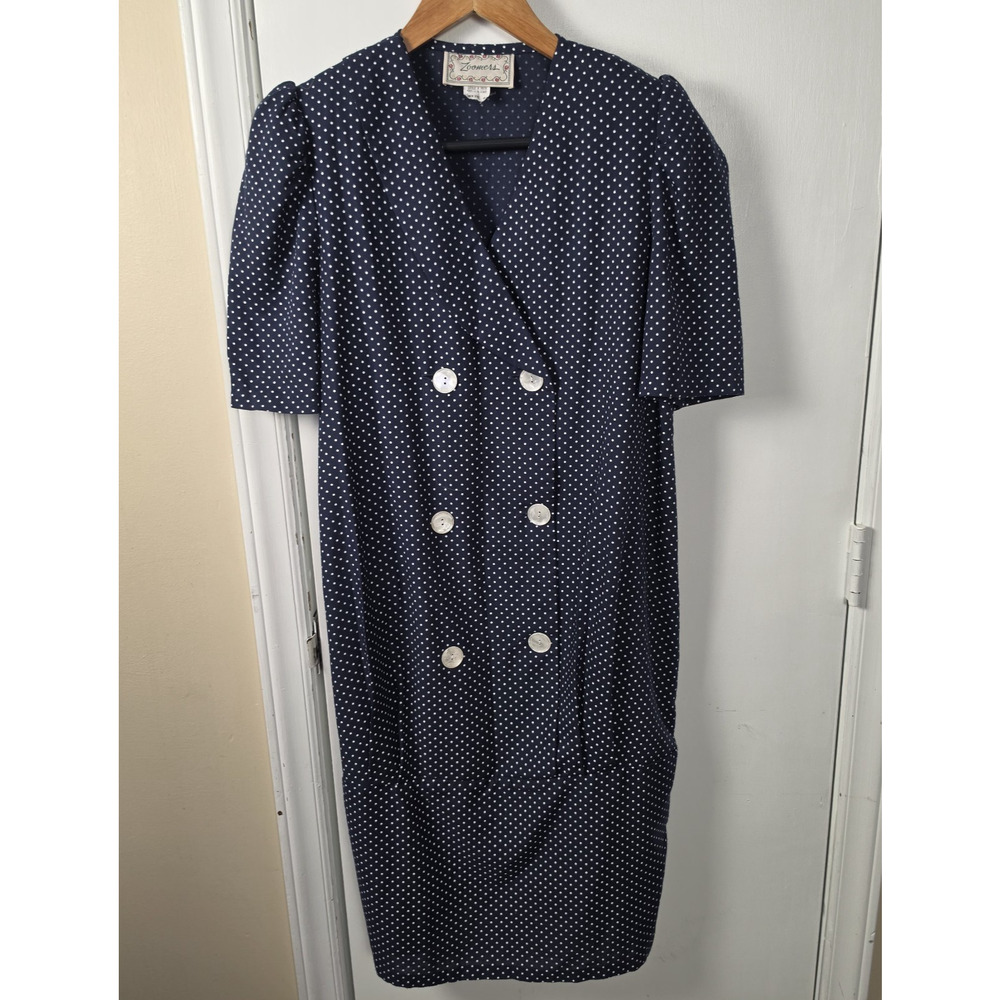 Vintage 80s Zoomers Maternity Navy Blue Women's Sz 6 Drop Waist Dress USA Dot
